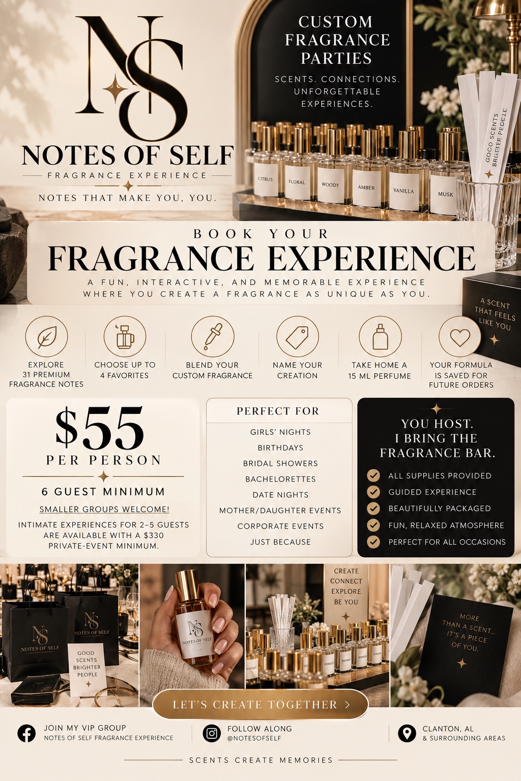 Notes of Self custom fragrance party bar with perfume bottles and scent strips
